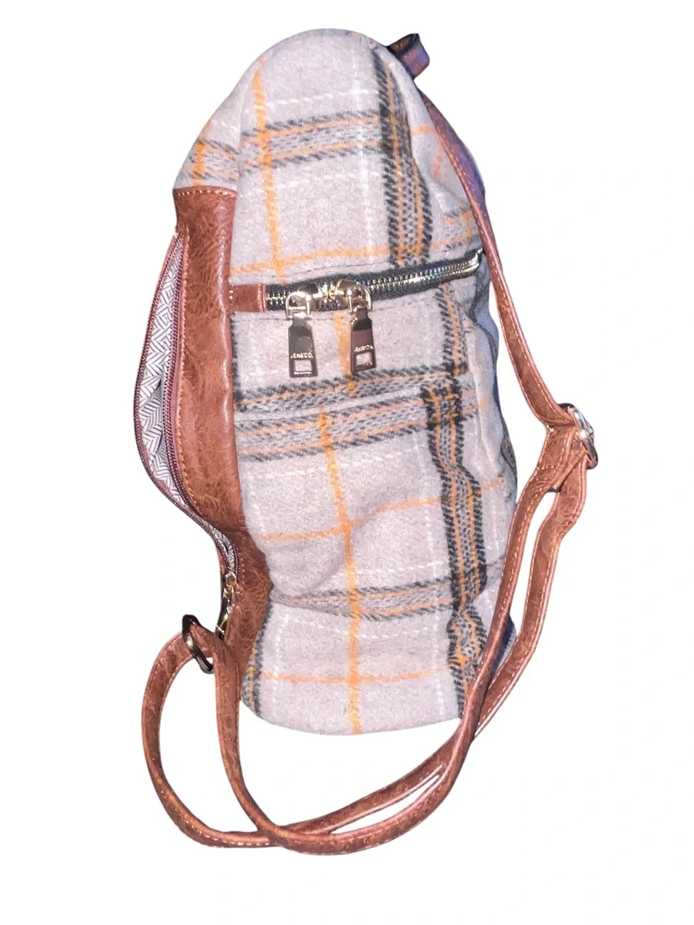 Plaid Wool Backpack with Brown Leather Straps - Beige and Orange